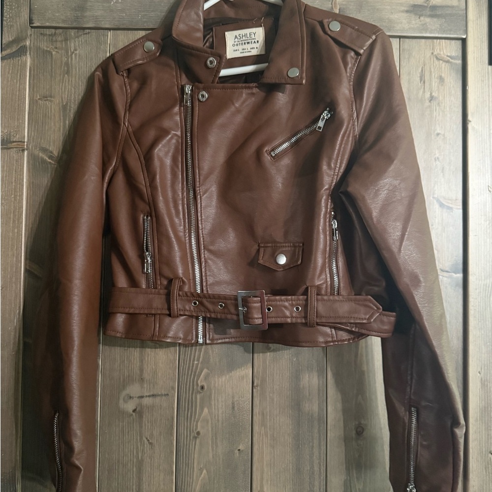 Ashley By 26 International Brown Faux Leather Moto Jacket